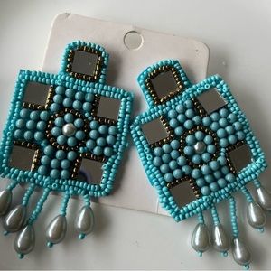 Turquoise blue beaded mirror earrings